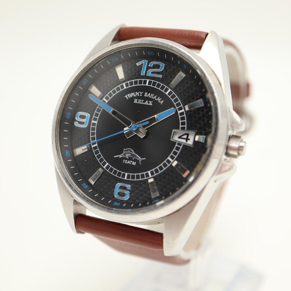 Tommy Bahama Relax Mens 42mm Date Watch Brown Leather Chipped Crystal Works READ